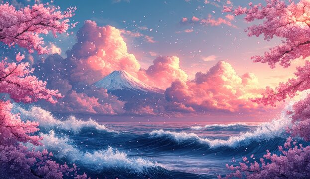 Serene mountain landscape with blossoming pink trees and crashing waves.