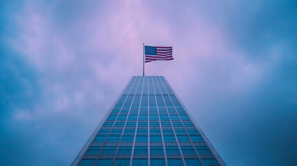Obraz premium American Flag atop Modern Glass Skyscraper under Cloudy Sky