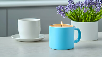 Blue Mug Candle with Lavender and Teacup on Table