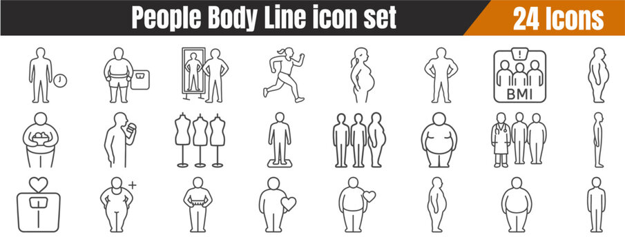 People body different weights line icon set. Vector pictograms of figure,  underweight,scale,overweight,  pregnant, BMI, health, thin linear illustration.