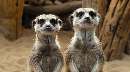 Fototapeta premium Alert meerkats standing watchfully in a vast desert, keenly observing their surroundings.