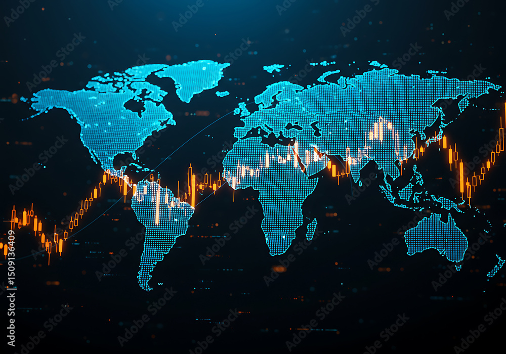 Aufkleber digital world map with global stock market data overlay background for finance and technology