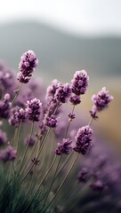 Obraz premium A detailed close-up showcases delicate purple lavender flowers with soft lighting and a blurred background, highlighting their intricate floral structure