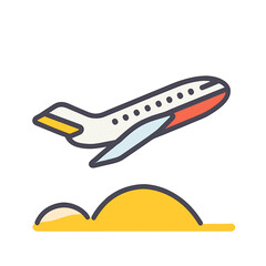 Fototapeta premium Vector illustration of an airplane taking off into blue sky. Concept aviation and journey beginnings.