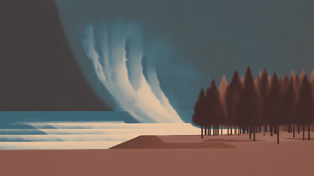 Colossal wave crashes onto ancient shorelines obliterating forests and settlements after the sudden storegga shelf collapse. Chromatic Collapse. Illustration