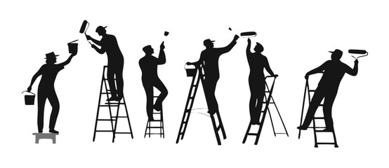 Professional painters silhouettes on ladders, isolated cutouts