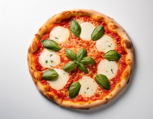 top view of a margherita pizza with copy space image presented on a white background