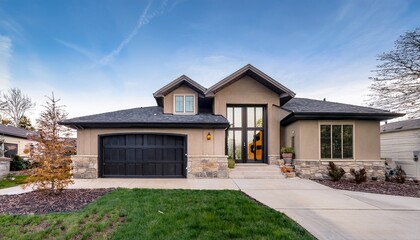transform your vision of home with this contemporary rustic transitional house exterior showcasing a stucco facade a low pitched roof dark wood doors symmetrical landscaping and charcoal black ac