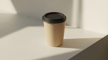 A minimalist studio shot of a paper coffee cup with black lid and shadows