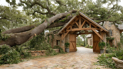 Large tree falls on rustic stone house with wooden gate, showcasing nature's power and unpredictability, concept of storm, hurricane, typhoon