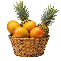 Fresh, vibrant tropical fruit overflowing from a woven basket