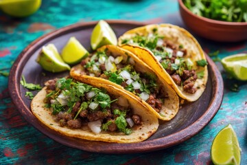 Mexikanische Tacos mit Rindfleisch Zwiebeln und Koriander traditionelle Streetfood Nahaufnahme authentische mexikanische Küche Tortillas mit Fleischfüllung und Limetten Streetfoodgericht