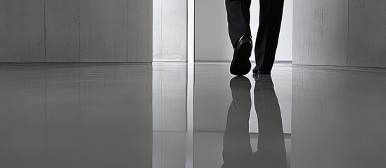 Person walking away, office, shiny floor, modern building. Business concept