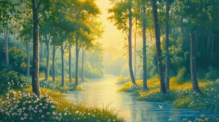 Fototapeta premium Serene forest landscape by a tranquil river.