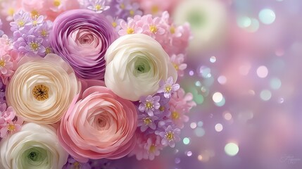 Elegant Pastel Ranunculus Flowers Bouquet  Soft Bloom  Spring Floral  Romantic Wedding  Fe