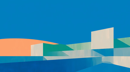 Depth concept created through spatial separation and geometric interplay of steel-concrete structures under clear blue sky. Spatial Interplay. Illustration