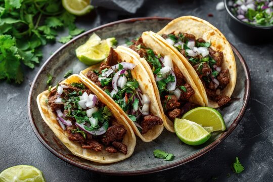 Mexikanische Tacos mit Rindfleisch Zwiebeln und Koriander traditionelle Streetfood Nahaufnahme authentische mexikanische K&uuml;che Tortillas mit Fleischf&uuml;llung und Limetten Streetfoodgericht