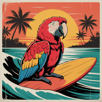 Scarlet Macaw Surfing on a Vintage Surfboard at Sunset Tropical Beach Scene