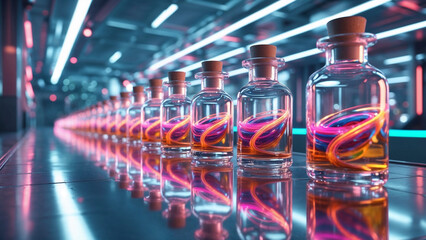 Glowing Potion Bottles in Futuristic Lab – Sci-Fi Magic Chemistry Art