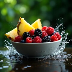 A bowl of fruit is splashed with water, creating a refreshing and vibrant scene. The bowl is filled with apples, oranges, and berries, all of which are glistening with droplets of water