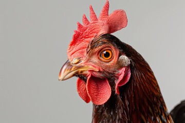 a rooster, featuring a vibrant red comb and wattle, highlights its intense gaze and intricate feathers.