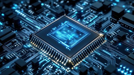 Obraz premium Glowing AI-Controlled Processor Scanning Futuristic