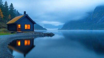 Fototapeta premium Tranquil cabin by a lake at dawn