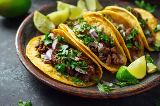 Mexikanische Tacos mit Rindfleisch Zwiebeln und Koriander traditionelle Streetfood Nahaufnahme authentische mexikanische K&uuml;che Tortillas mit Fleischf&uuml;llung und Limetten Streetfoodgericht