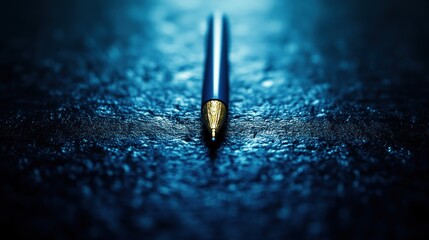 Blue pen on dark textured surface, close-up shot.  Business, writing, office, concept