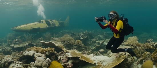 Diver photographs sunken plane on coral reef. Underwater photography