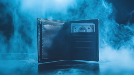 Open wallet with cash, smoky blue background, finance concept, stock photo