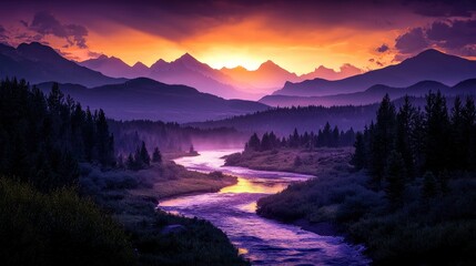 Fototapeta premium A serene river meanders through a majestic mountain valley at sunrise.