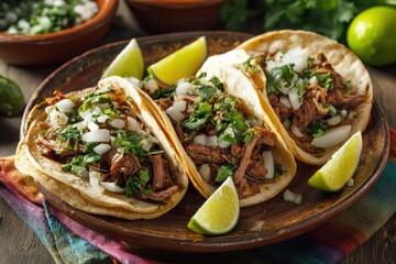 Mexikanische Tacos mit Rindfleisch Zwiebeln und Koriander traditionelle Streetfood Nahaufnahme authentische mexikanische Küche Tortillas mit Fleischfüllung und Limetten Streetfoodgericht