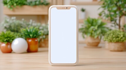 Modern Smartphone Mockup  Blank Screen  Plants  Wooden Table