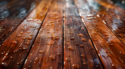 Close up of wooden table with water droplets on the wood surface.