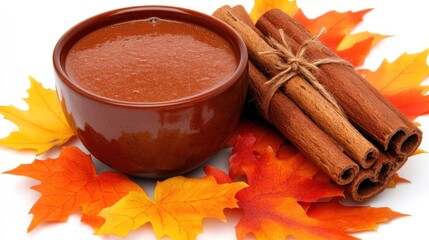 Autumn spice drink, cinnamon sticks, maple leaves. Cozy fall beverage, recipe, website