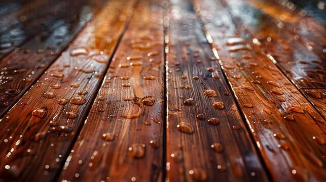 Close up of wooden table with water droplets on the wood surface. - Powered by Adobe