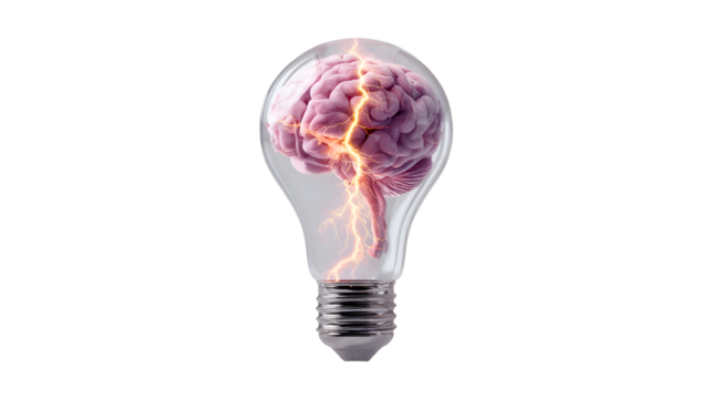 Brain inside lightbulb lightning striking idea concept