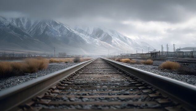 A photograph capturing the perspective view of train tracks leading towards snow-covered mountains under a cloudy sky, showcasing the winter landscape