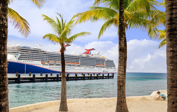 Cozumel, Mexico - March 26, 2024: Cruise ships Carnival docked at port Cozumel. The island is a popular Caribbean cruise destination