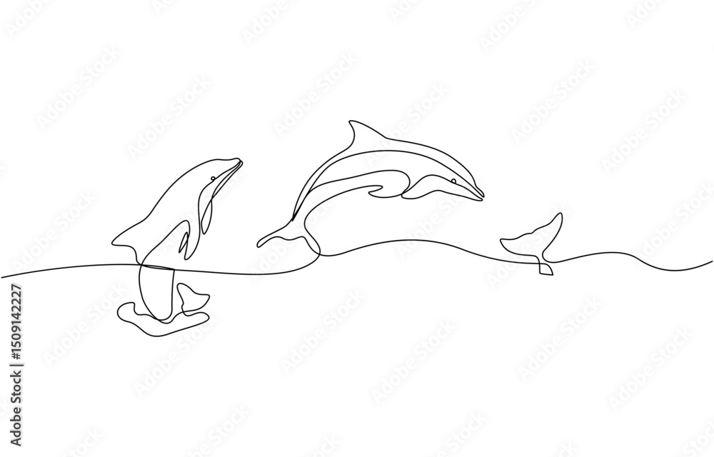Poster continuous one line drawing of dolphin. dolphin vector art, one continuous line drawing of couple of