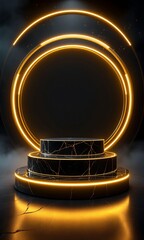 Elegant black marble product display with golden neon rings