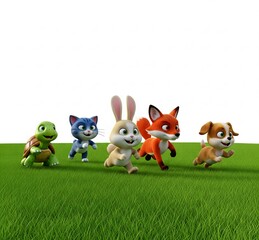 Naklejka premium Baby cute animals running on the grass