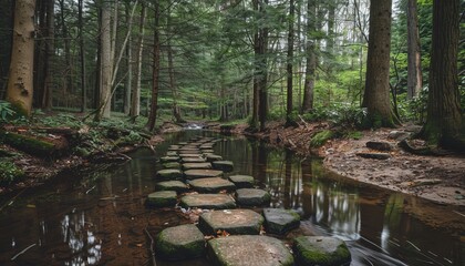 Tranquil forest river adorned with stepping stones, creating a peaceful nature retreat experience