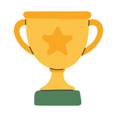 Trophy cup vector illustration in flat cartoon style with a golden star emblem and green base. Ideal for educational designs, student achievement graphics, classroom rewards, sports award printables.