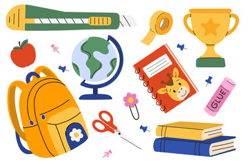 
Back to school supplies vector set featuring colorful cartoon-style elements including a yellow backpack, globe, glue stick, utility knife, scissors, books, notebook with giraffe sticker, trophy cup.