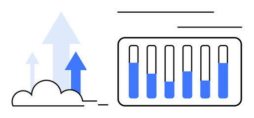 Arrows rising above clouds with a bar chart showing data metrics and progress visualization. Ideal for growth analysis, performance tracking, data management, business improvement, financial goals