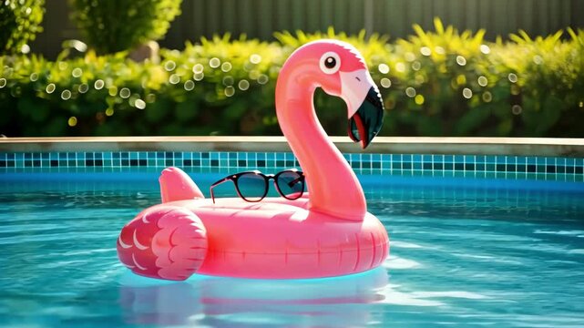 A pink flamingo floatie with sunglasses in a pool