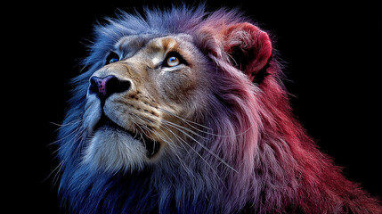Naklejka premium Majestic lion portrait with colorful details on a dark background