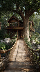 Cozy treehouse surrounded by lush greenery and a swinging bridge